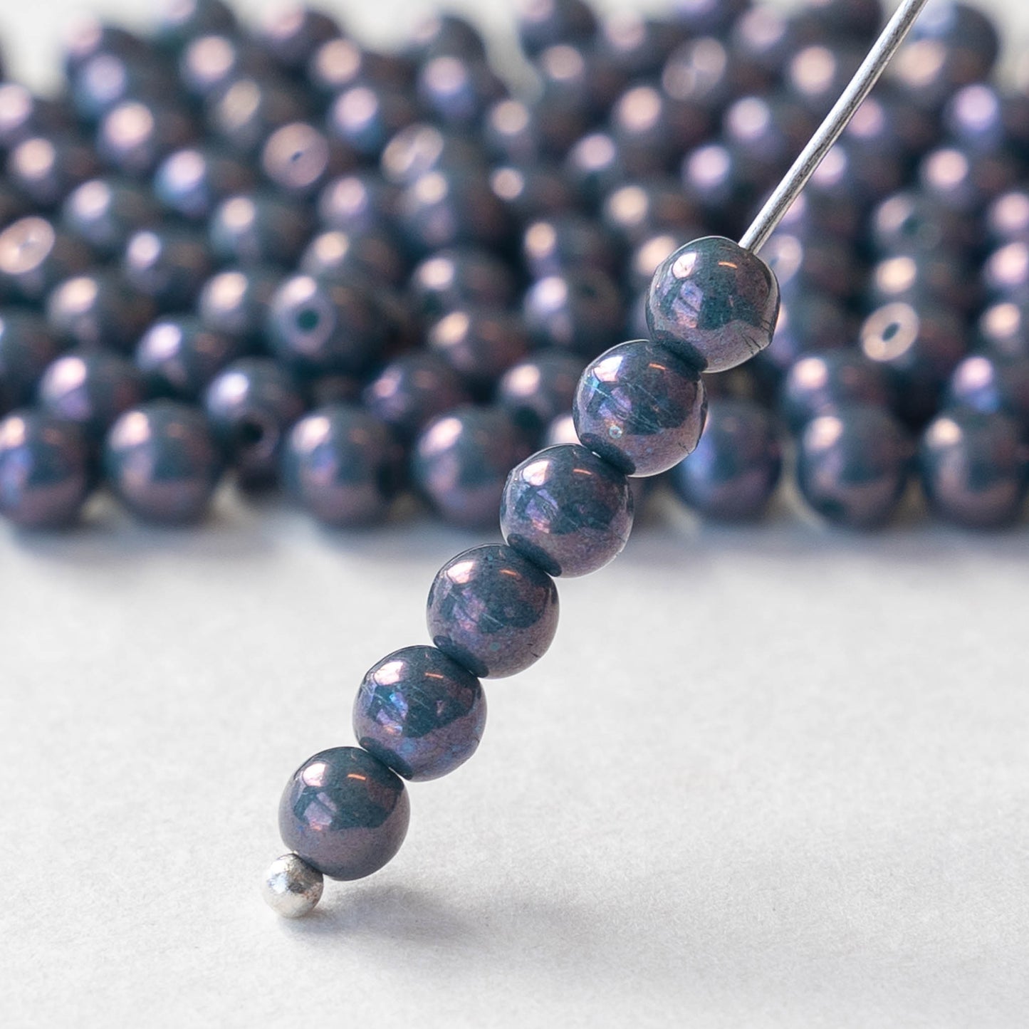 4mm Round Glass Beads - Blue with Purple Luster - 100 Beads